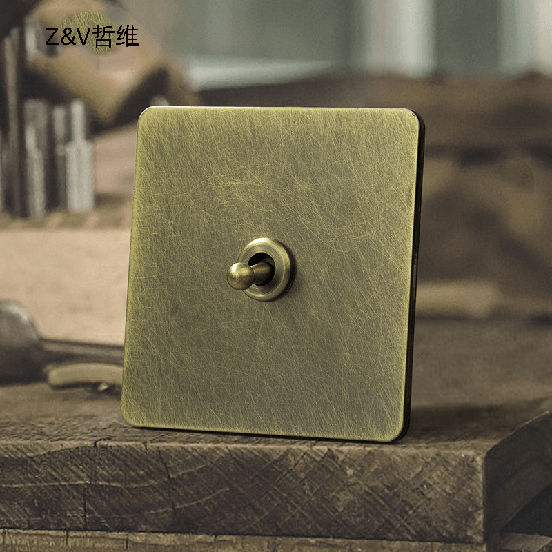 Featured personality Qinggu bronze retro style made of old wall switch socket stainless steel panel brass pleclever