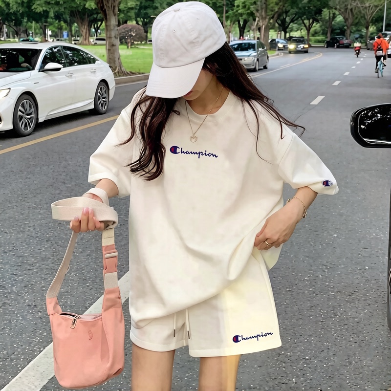 Japanese Version Champion Summer New Short-Sleeved Pure Cotton T-Shirt Student Set Women's Sports Casual Shorts Couple Two-Piece Set