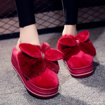 2021 autumn and winter new indoor increased with cotton slippers female muffin thick bottom bow tie wear waterproof wool shoes tide