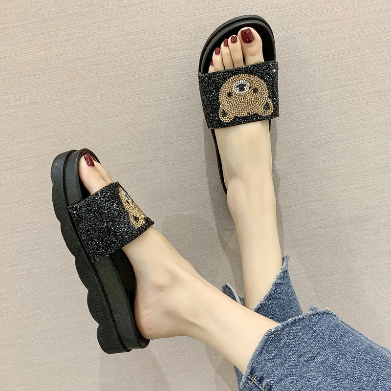 Cute Cartoon Sandals for Women, Summer Outdoor Wear, Fashionable Internet Celebrity Style, Rhinestone Sequins, Platform Thick Sole, Non-Slip Beach Flip-Flops