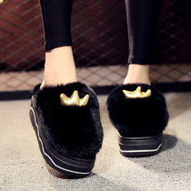 Winter high-hem cotton slippers female Korean cute thick-soled indoor household wool slippers wear muffins