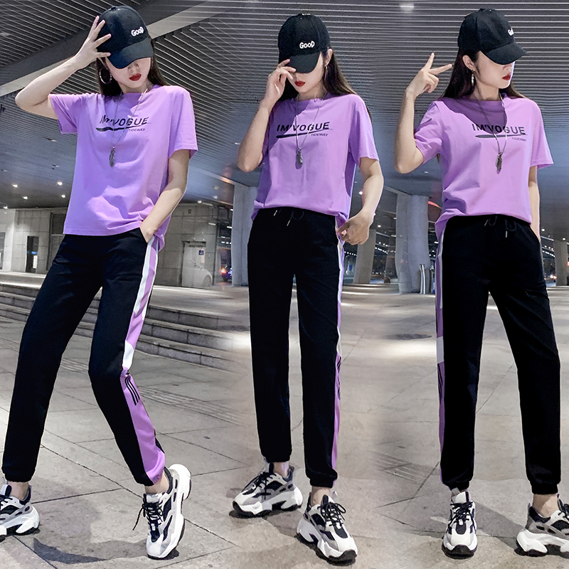 Cotton short-sleeved sports suit women's summer clothing 2023 new trendy brand fashion hip-hop student casual clothing two-piece set