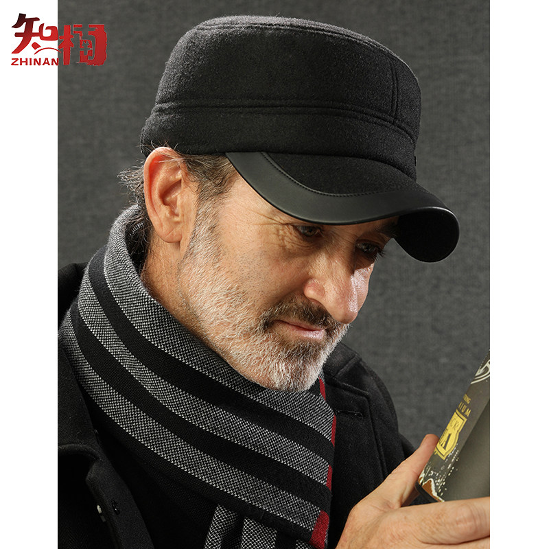 Middle-aged and elderly people woolen flat top hat old man hat male winter warm ear protection father grandfather old hat with wool