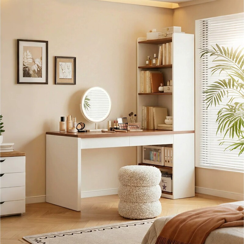 Corner Dressing Table for Girls' Bedroom, Makeup Table Against the Wall, L-Shaped Study Desk with Drawers, Home-Use Desk and Bookshelf Integrated