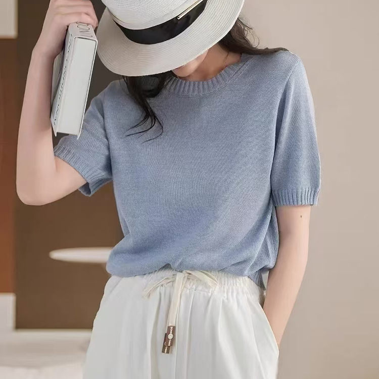 Natural Washi Yarn That Grows on the Tree, Refreshing and Breathable Linen Texture, Round Neck Knitted Short Sleeves