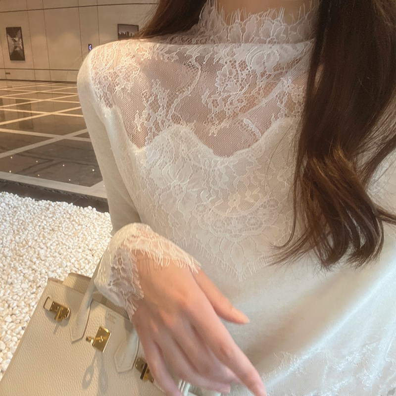 Autumn and Winter High-End Knitwear with Fur Lining, Gentle Splicing Knitwear, Stylish High-Neck Lace Base Shirt, Trendy