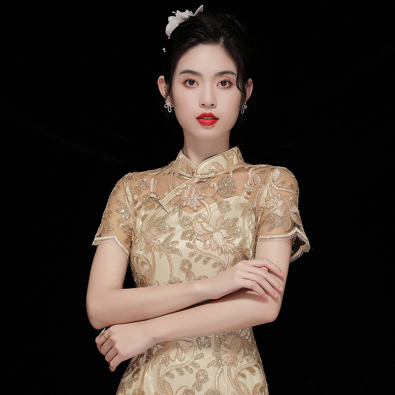 High-End Cheongsam Elegant 2026 New Dress Champagne Gold Temperament Classy New Chinese Style Improved Version Summer Dress High-End Cheongsam Elegant 2026 New Dress Champagne Gold Temperament Classy New Chinese Style Improved Version Summer Dress