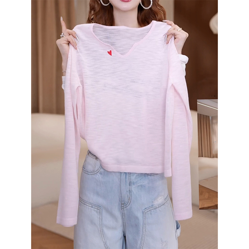 Pink Heart-Shaped V-Neck Long-Sleeved T-Shirt for Women, New Summer Style, High-End Fashion, Beautiful and Loose-Fitting Sun Protection Cover-Up Top Pink Heart-Shaped V-Neck Long-Sleeved T-Shirt for Women, New Summer Style, High-End Fashion, Beautiful and Loose-Fitting Sun Protection Cover-Up Top