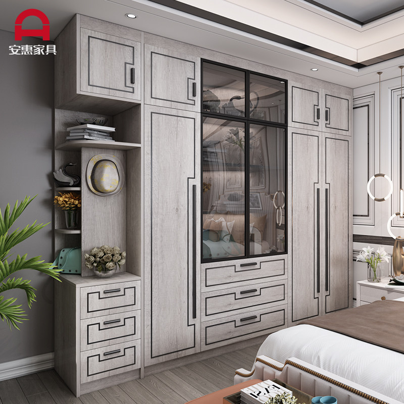 Nordic solid wood wardrobe master bedroom post-modern simple overall wardrobe combination light luxury glass door large wardrobe customization