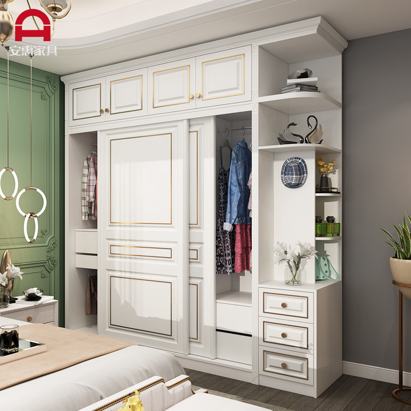 European-style wooden wardrobe after modern simple overall door closet bedroom light luxury pull door closet customization