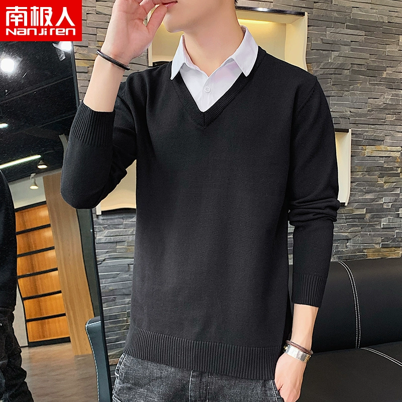 Áo len nam cực nam Hàn Quốc Áo sơ mi mỏng cổ áo len Fake Two Tide Autumn Winter New Men Undershirt - Cặp đôi áo len