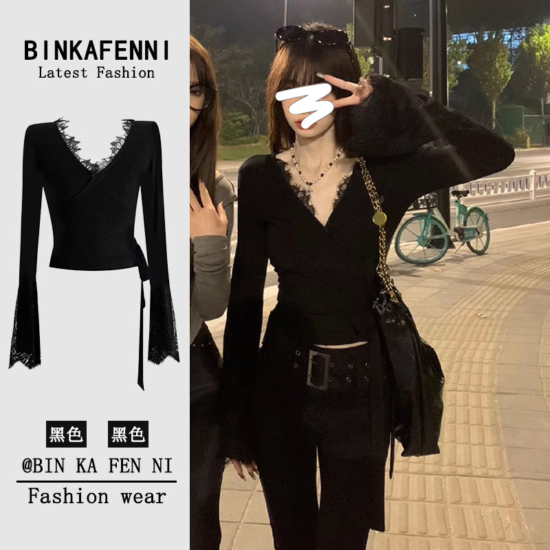 Black v Collar Body Lace Jersey Woman Autumn Winter Wear A Hitch Hot Girl Blouse Blouse Shorts Sexy Pure Desire Hitch Undershirt-Taobao