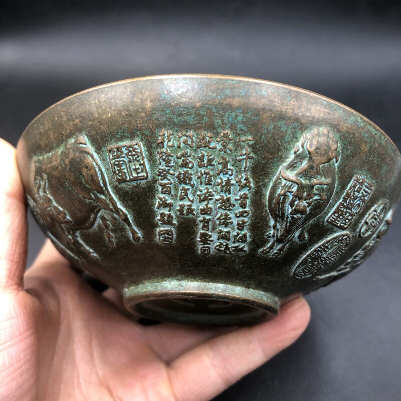 Antique copper retro copper green rust solid pentabull bowl small bowl of packaging old way collector furniture parts