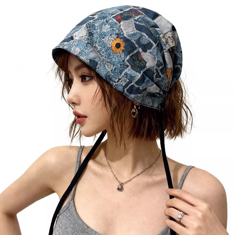 Women's Hat 2026 New Spring and Summer Lace-Up Graffiti Print Turban Hat Slouchy Hat Japanese Style Cold Hat Pullover Hat