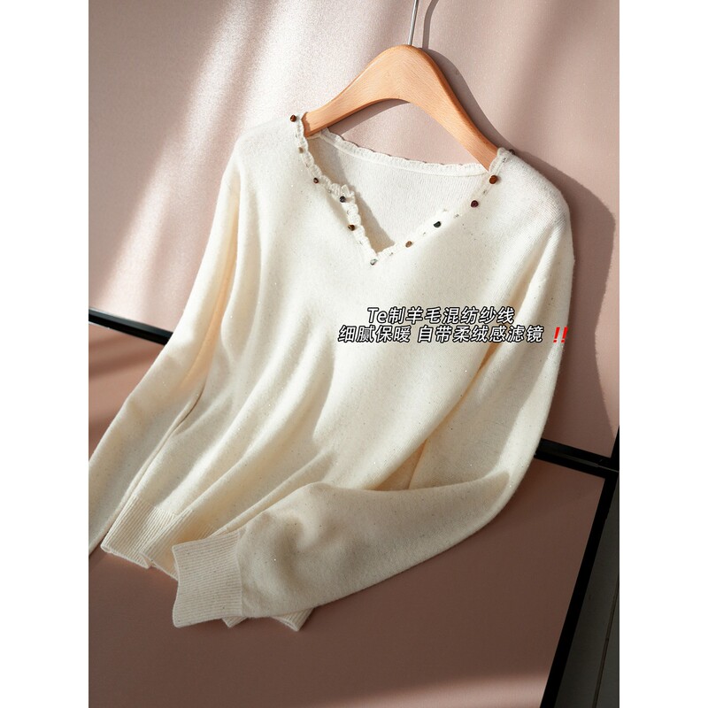 In Stock, Farewell 50% off Heavy-Duty Sequin and Beaded Lace Collar Warm Merino Wool Knit Sweater for Women [Nyzm020]