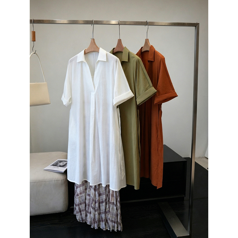 In Stock, Say Goodbye to 50% off! Office Workers, Get in Line! Breathable Linen Lace-Up Waist-Cinching Shirt Dress for Women《Nyzg017》