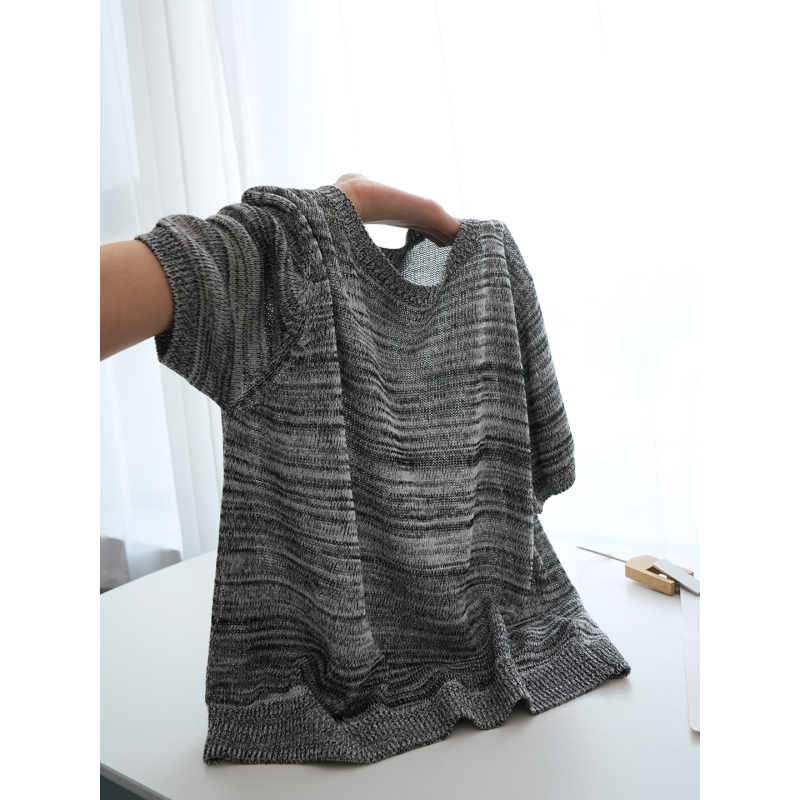 In Stock, Farewell 50% off Linen+Lyocell! Vintage Linen Gray Striped Short-Sleeve Knit T-Shirt for Women `Uzzv021