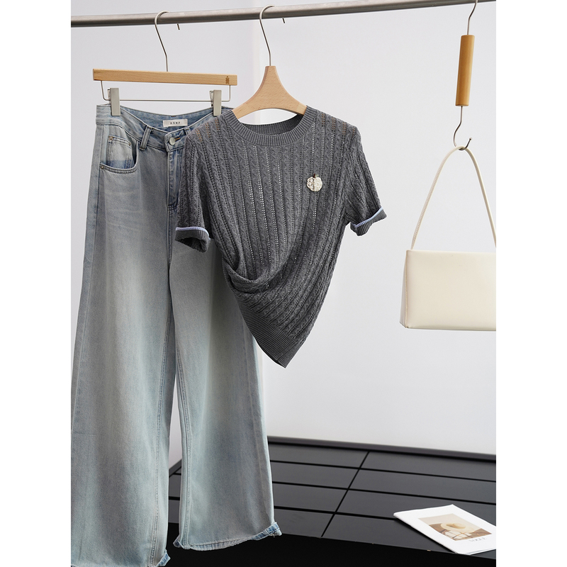 In Stock Now: 50% off Silk Blend! Embroidered Beaded Apple Twist Hollow-Out Knit T-Shirt for Women『Yzaw101』