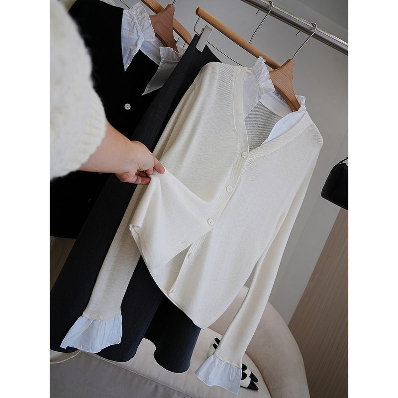 In Stock, Say Goodbye to 50% off with This Palace-Style Ruffled Collar! All-Cotton Flared Sleeve Wool Knit Cardigan for Women＜Qzzu210