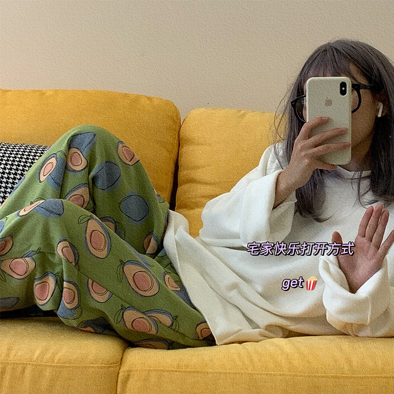 Autumn-winter home Cute Bull Oil Fruits Plus Suede Loose and soft home for long version of sleeping pants