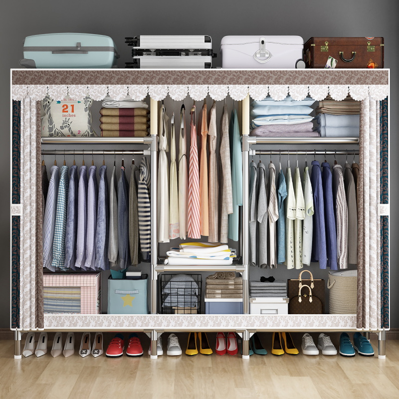 Simple cloth wardrobe steel pipe thickened alloy steel joint full steel frame Oxford cloth rental house bedroom home model