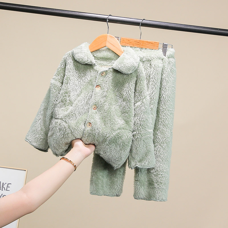 Children's flannel pyjamas suit warm autumn and winter style boy Cavet Home Girl Baby Thickened Coral Suede