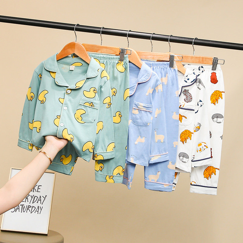 Children's pajamas cotton suit long-sleeved spring and autumn air-conditioning clothing boy trousers baby cartoon home clothes two-piece set