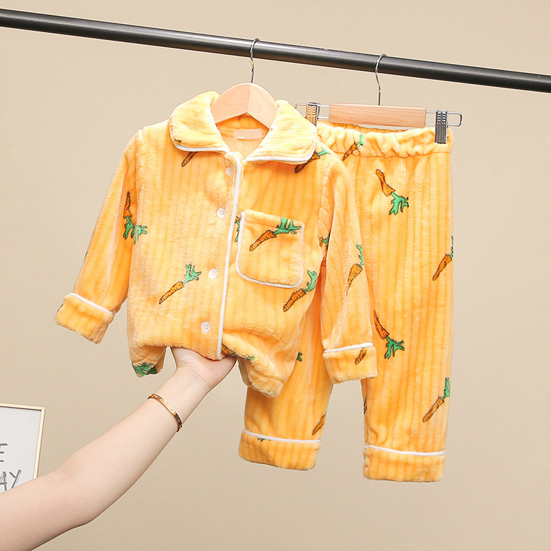 Children's flannel pyjamas suit warm autumn and winter style boy Cavet Home Girl Baby Thickened Coral Suede