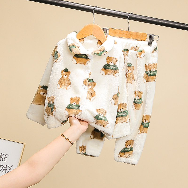Child Flannel Sleepwear Suit Warm Boy Plus Suede Home Clothing Girl Male Baby Coral Suede Cartoon Cute