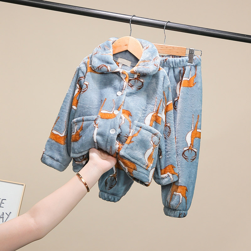 Children's flannel pyjamas suit warm autumn and winter style boy Cavet Home Girl Baby Thickened Coral Suede