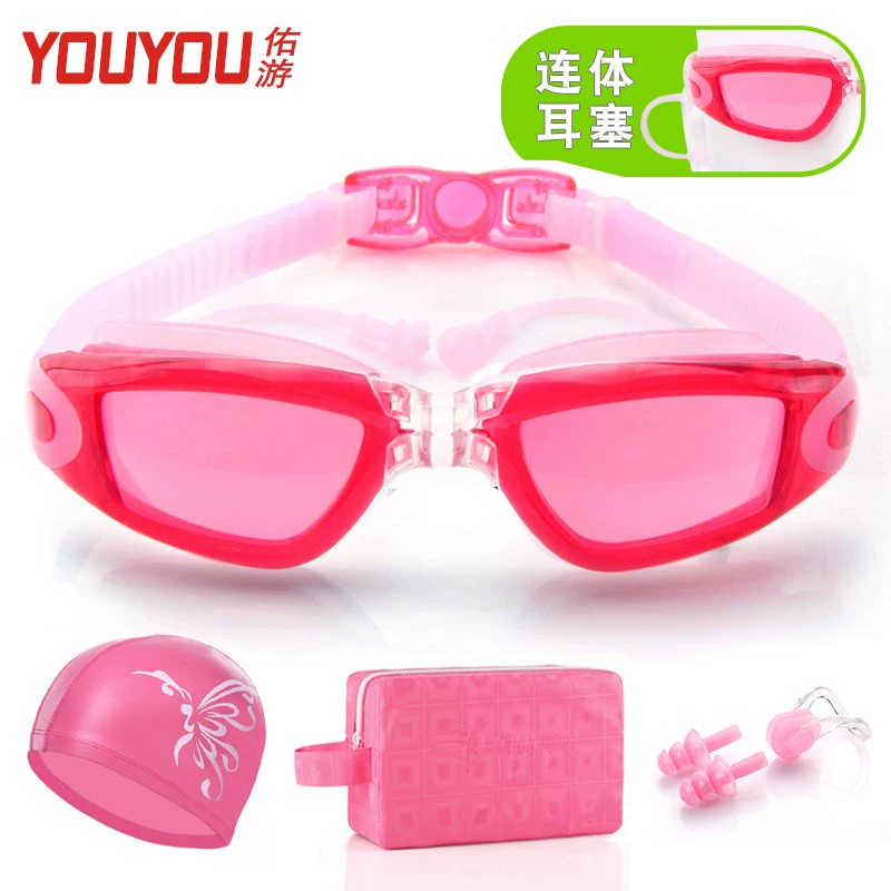 Kính bơi nữ cận thị HD chống sương mù nam gọng lớn chống sương mù người lớn nút tai một mảnh mũ bơi túi bơi kính bơi - Goggles