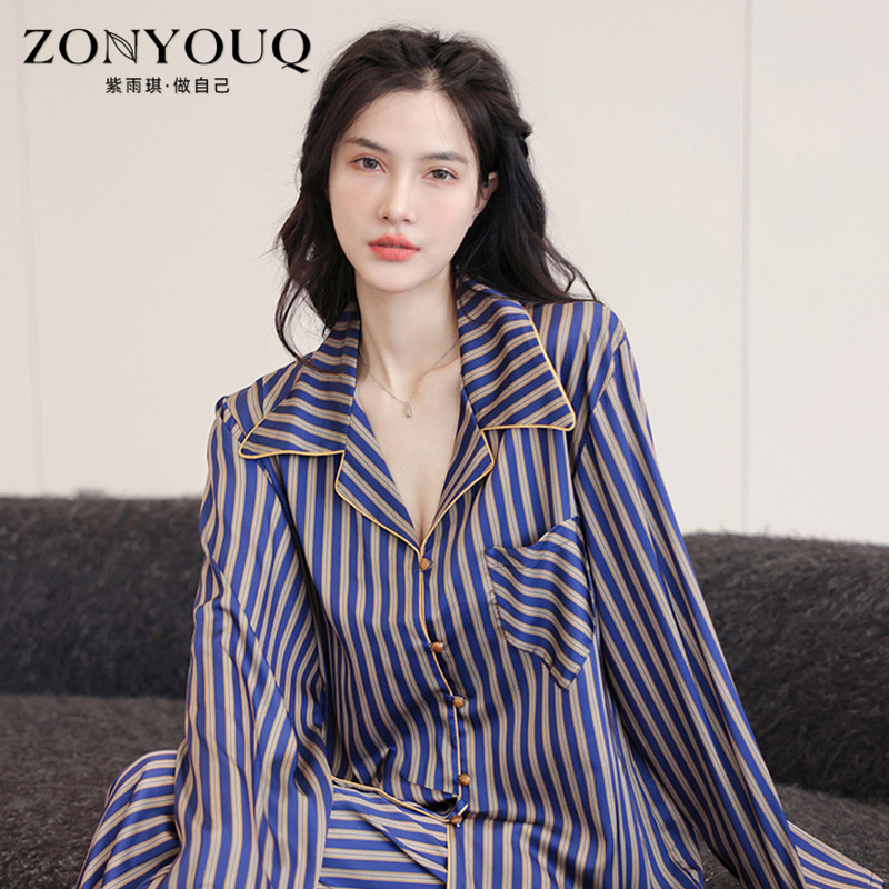 Ziyuqi Silk Pajamas for Women, Summer Thin Long-Sleeved Striped Light Luxury Loungewear Set, High-End Gift for Gifting Ziyuqi Silk Pajamas for Women, Summer Thin Long-Sleeved Striped Light Luxury Loungewear Set, High-End Gift for Gifting