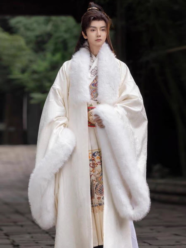 Luyun Hanfu Original Hanfu Outerwear Cape Coat for Men, Winter Long Style, Black and White, Fleece-Lined and Thickened, Yulong