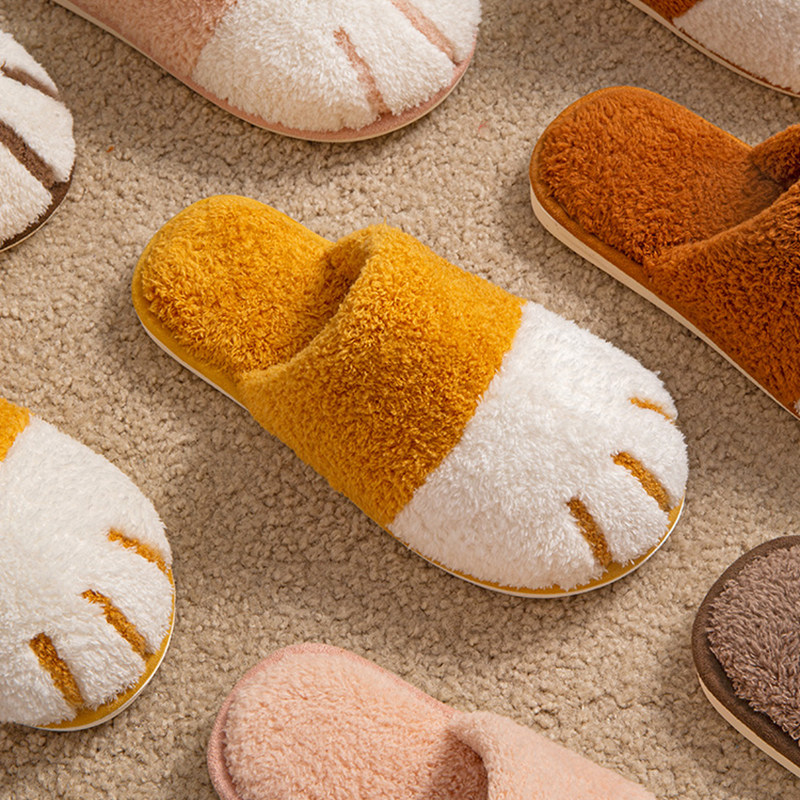 Cotton slippers women autumn and winter cute cartoon cat claw couple indoor home plush warm men's non-slip confinement