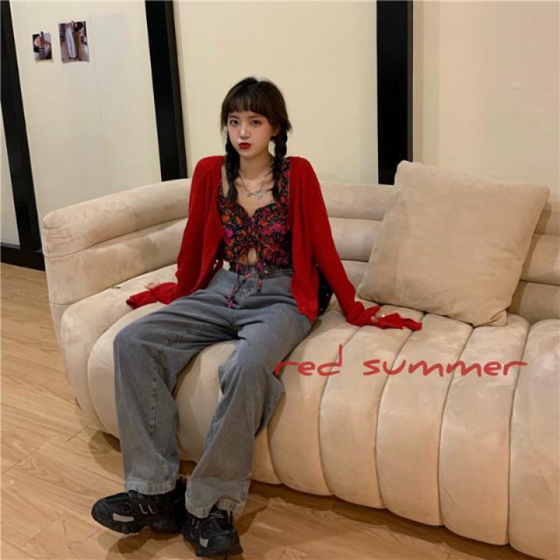 Fashion Suit 2021 New Early Autumn Women's Clothing Retro Broken Flowers Harness Blouse Blouse Thin Knit Cardiovert two sets