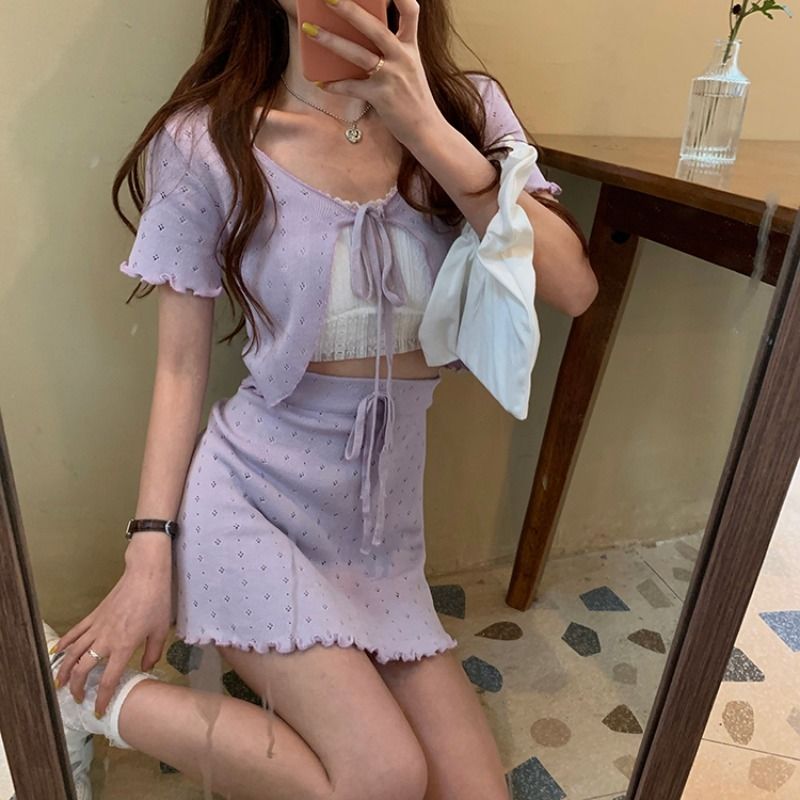 ins Korean style fashion suit women summer style two piece short sleeve cardigan coat top western style package hip skirt skirt