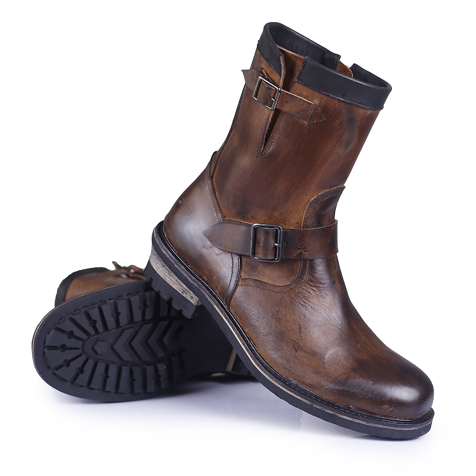 Retro Mens Motorcycle Mid Calf Boots Workwear Zipper Real Leather