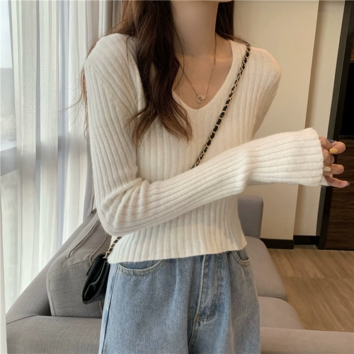 Весенний короткий приталенный трикотажный тонкий цветной приятный телу свитер, коллекция 2021