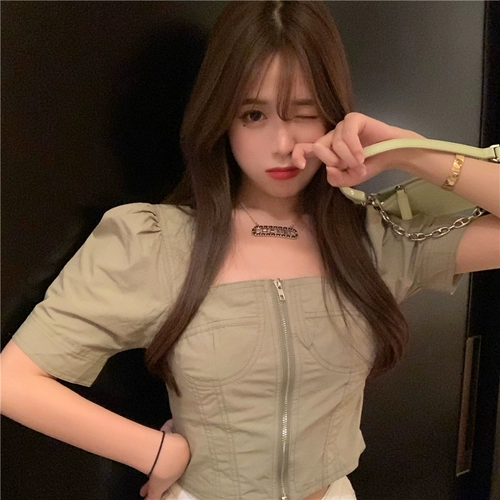 Летняя ретро сексуальная короткая рубашка с молнией, 2020, в корейском стиле, французский стиль, квадратный вырез, рукава фонарики, яркий броский стиль