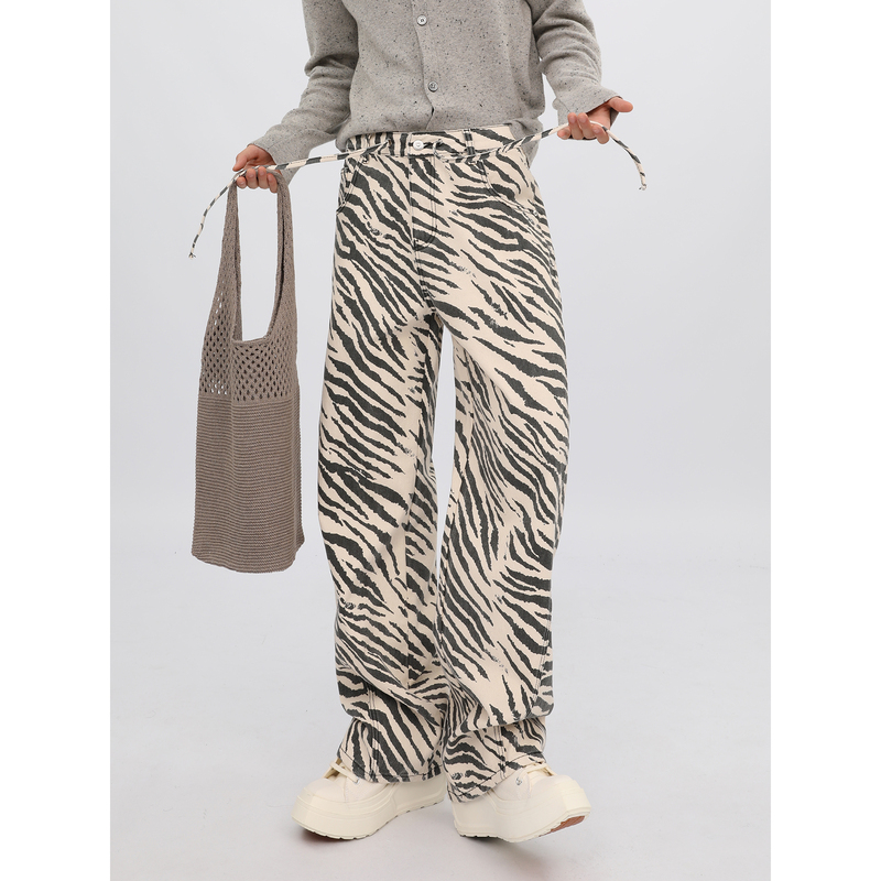Jhup Vogue - Boundless Sensation | Zebra Print Design with Drawstring Waistband | Striped Contrast Color Washed Denim Pants