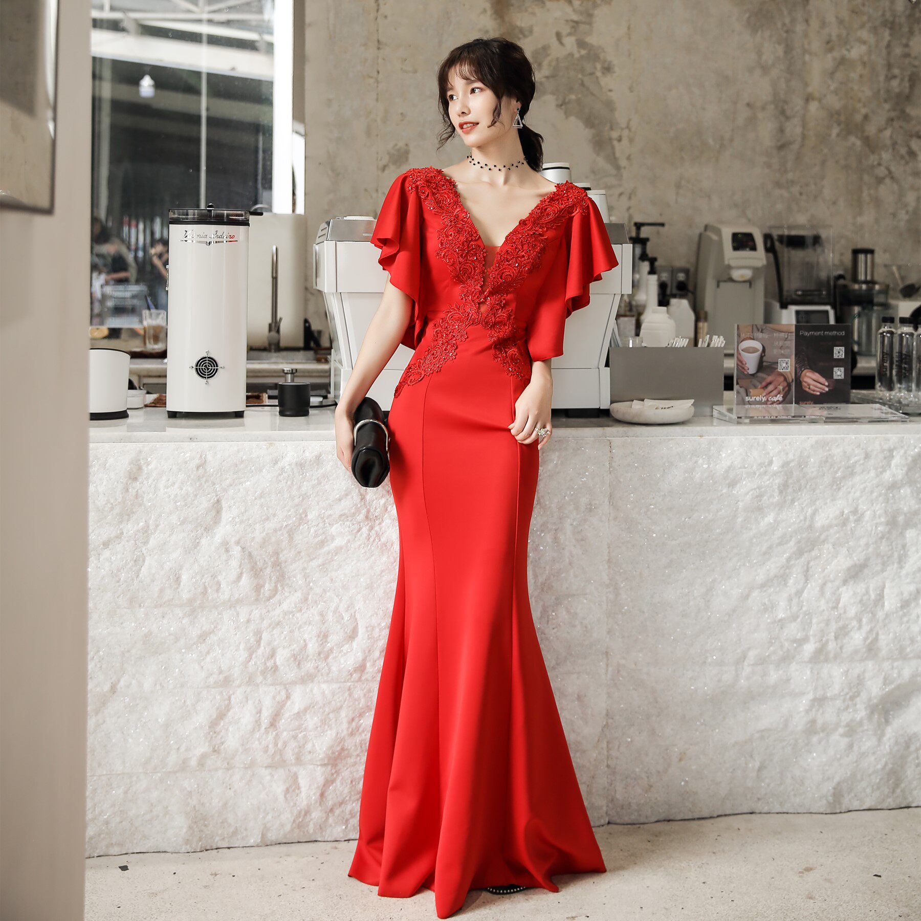 Elegant toast dress bride's long red deep V-neck flying sleeve thank you banquet slim mermaid skirt wedding evening dress female