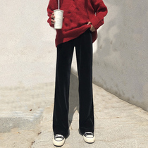 Spring and Autumn 2021 New golden velvet black casual straight wide leg pants womens high waist loose slim drag floor