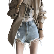 2024 new summer thin high-waisted wide-leg ripped denim shorts for women loose a-line slimming outer hot pants
