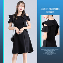 2022 new dress womens summer slim waist and thin temperament black goddess fan light familiar style small black skirt