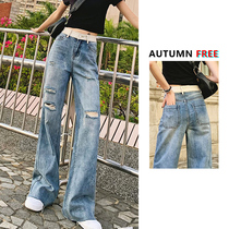 2021 new spring and autumn high waist sagging feeling hole wide leg jeans women loose thin straight tube drag tide ins
