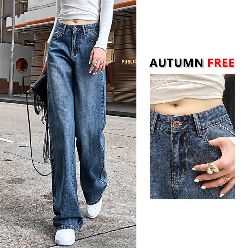 2022 new spring and autumn dark blue wide-leg jeans women's loose straight high waist thin autumn and winter mopping pants
