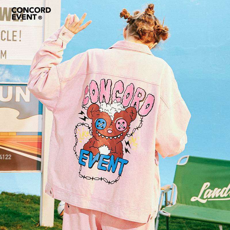 CONCORDEVENT Early Fall Pink Denim Jacket Men's Jacket Ins Bear Print Loose National Tide Brand BF Wind