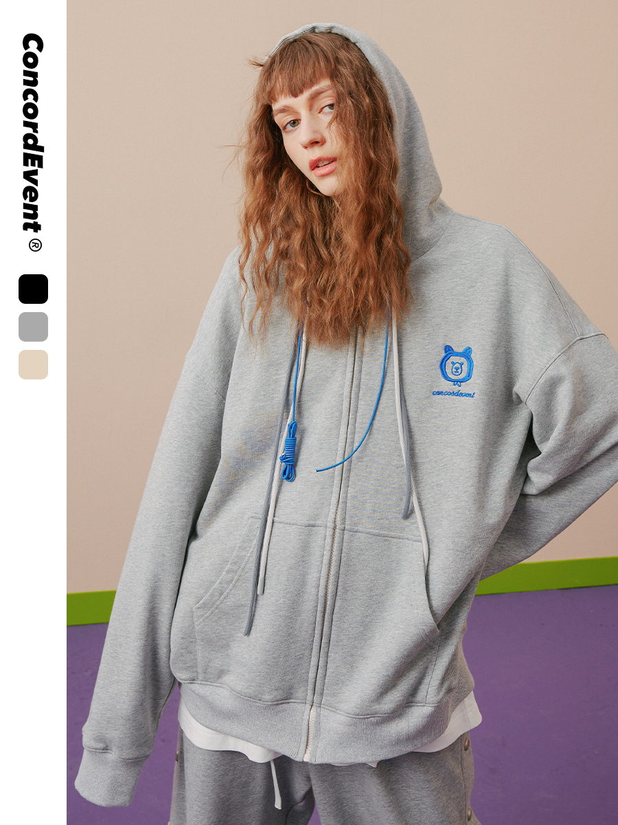 CONCORDEVENT AUTUMN NEW TREND BRAND COUPLE BEAR CARDIGAN ZIPPER SWEATSHIRT MEN LOOSE JACKET HOODIE