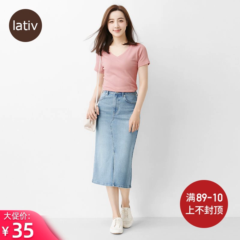 Lativ Chengyi phụ nữ áo thun cotton cổ chữ V có gân ngắn tay nửa tay áo sơ mi đáy từ cơ bản từ bi quần áo mùa hè hàng đầu của phụ nữ - Áo phông