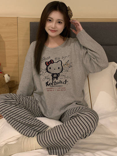 2026 new cartoon hellokitty pure cotton pajamas for women spring and autumn long-sleeved trousers striped cute home clothes